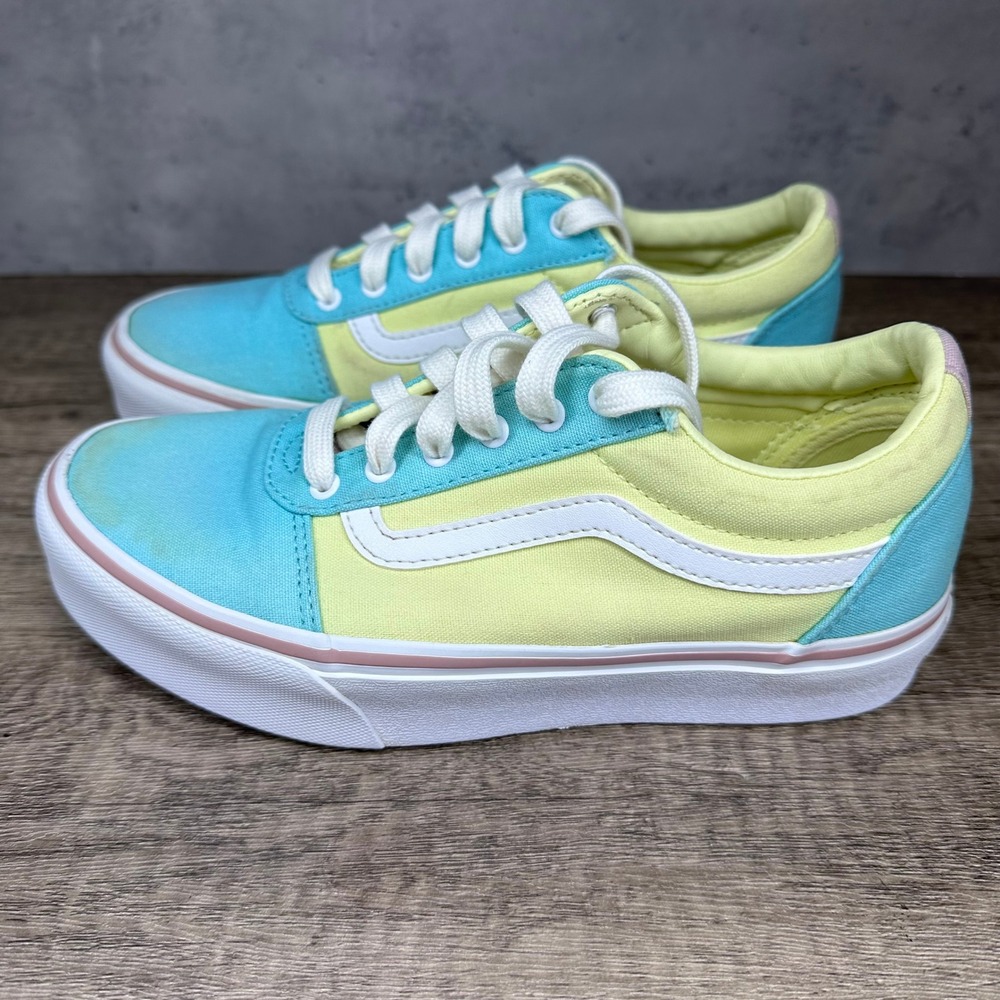 Vans~Girl's~Ward Low Colorblock Teal/Yellow/Pink Canvas Sneakers~Size 4